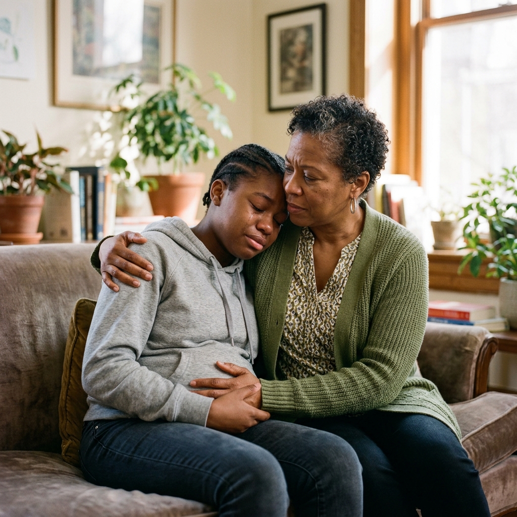 Young pregnant teenager receiving support